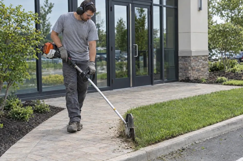 Landscaper edging a paver walkway beside a client's building