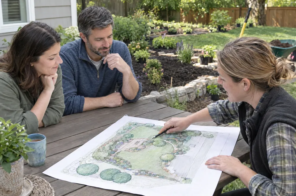 Landscape designer reviewing a planting and grading plan with a homeowner