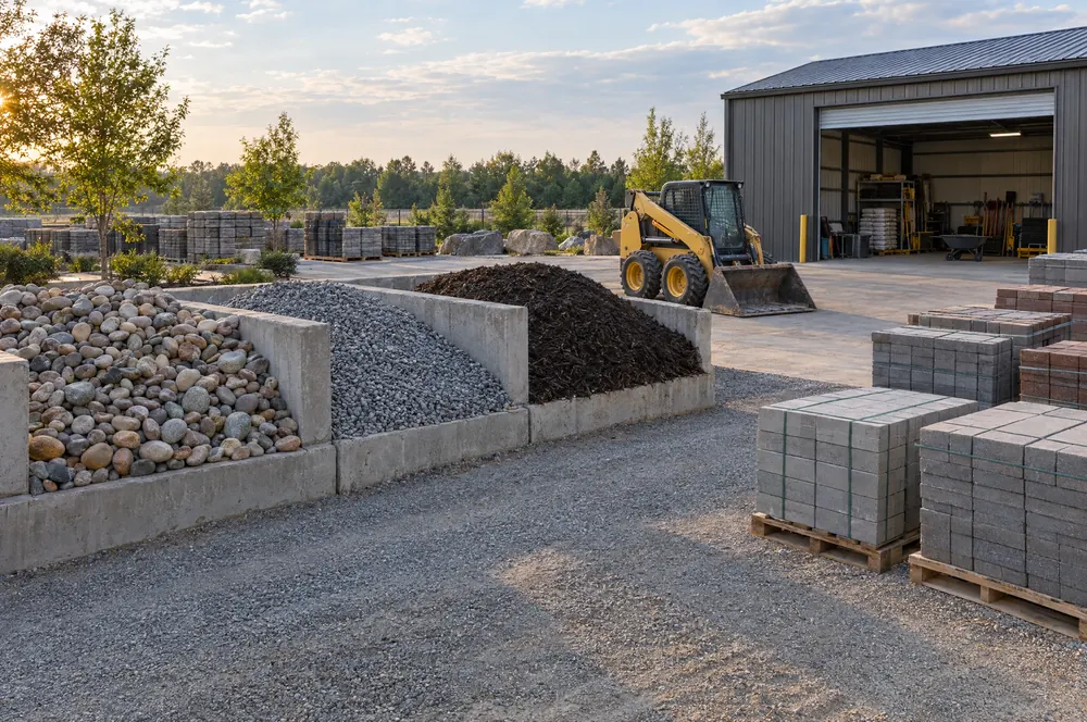 Landscape company yard with stone, mulch bins, equipment and a shop building
