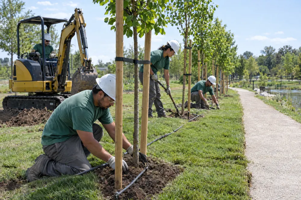 Landscape crew installing trees and irrigation at a public park project