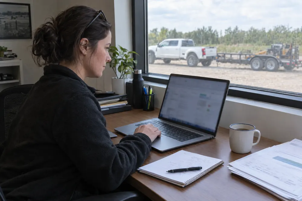 Landscaping office manager scheduling crew routes and invoices on a laptop
