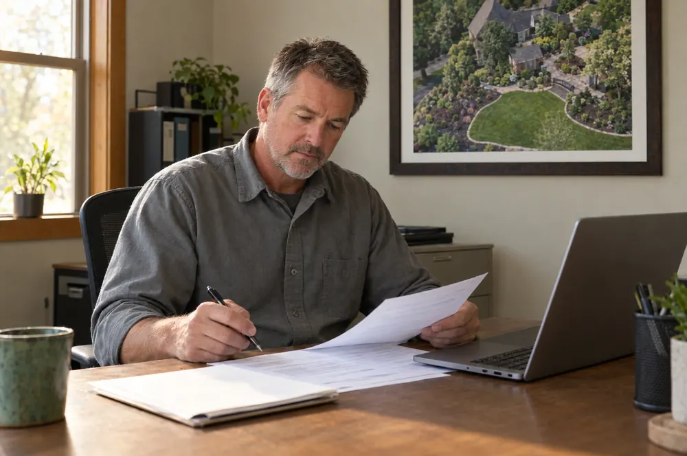Landscaping company owner reviewing insurance documents in his office