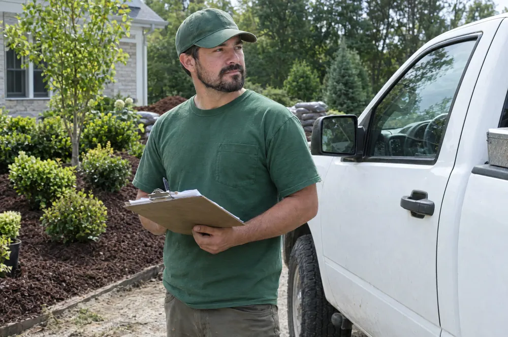 Landscape contractor with license paperwork at a residential install