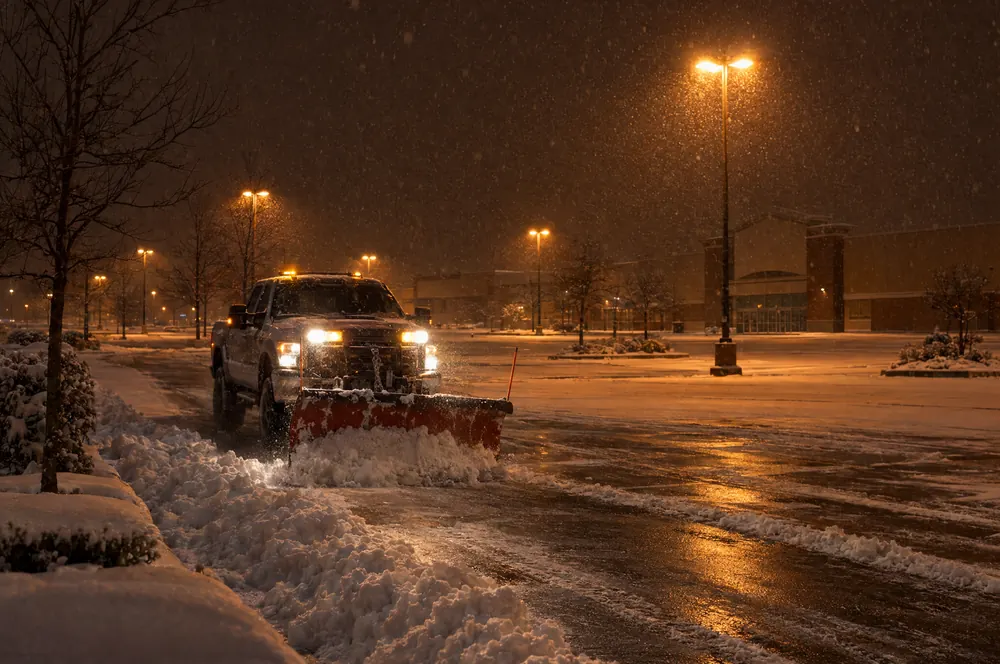 Plow truck clearing a commercial parking lot at night