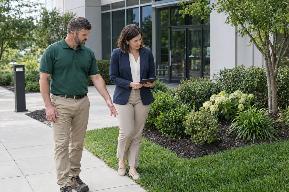 Landscaper walking a commercial property with the property manager