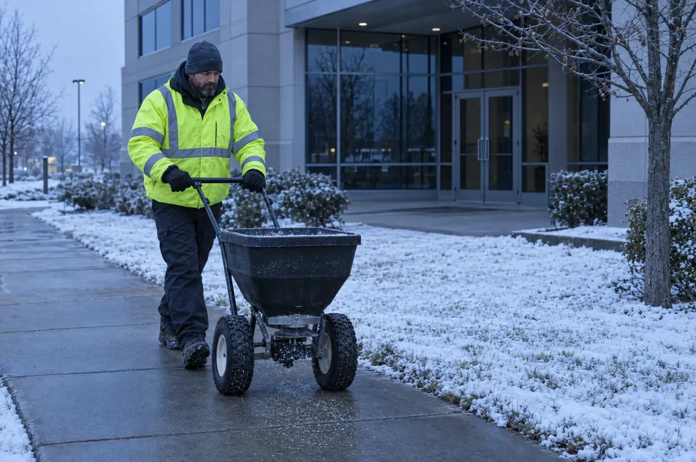 Snow crew salting a commercial sidewalk early in the morning