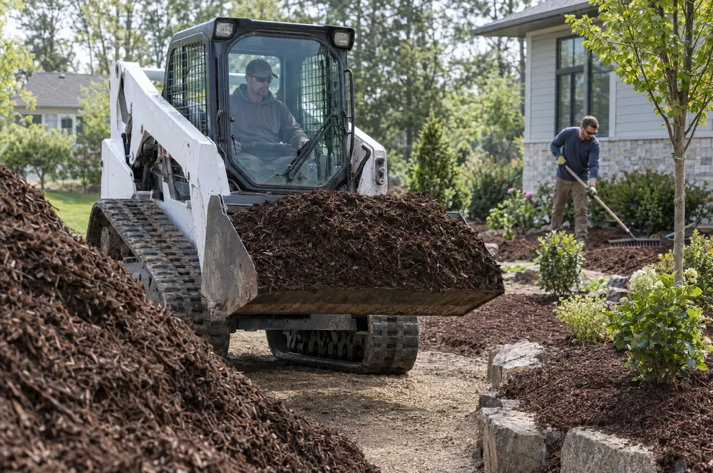 Compact skid steer moving mulch on a landscape job